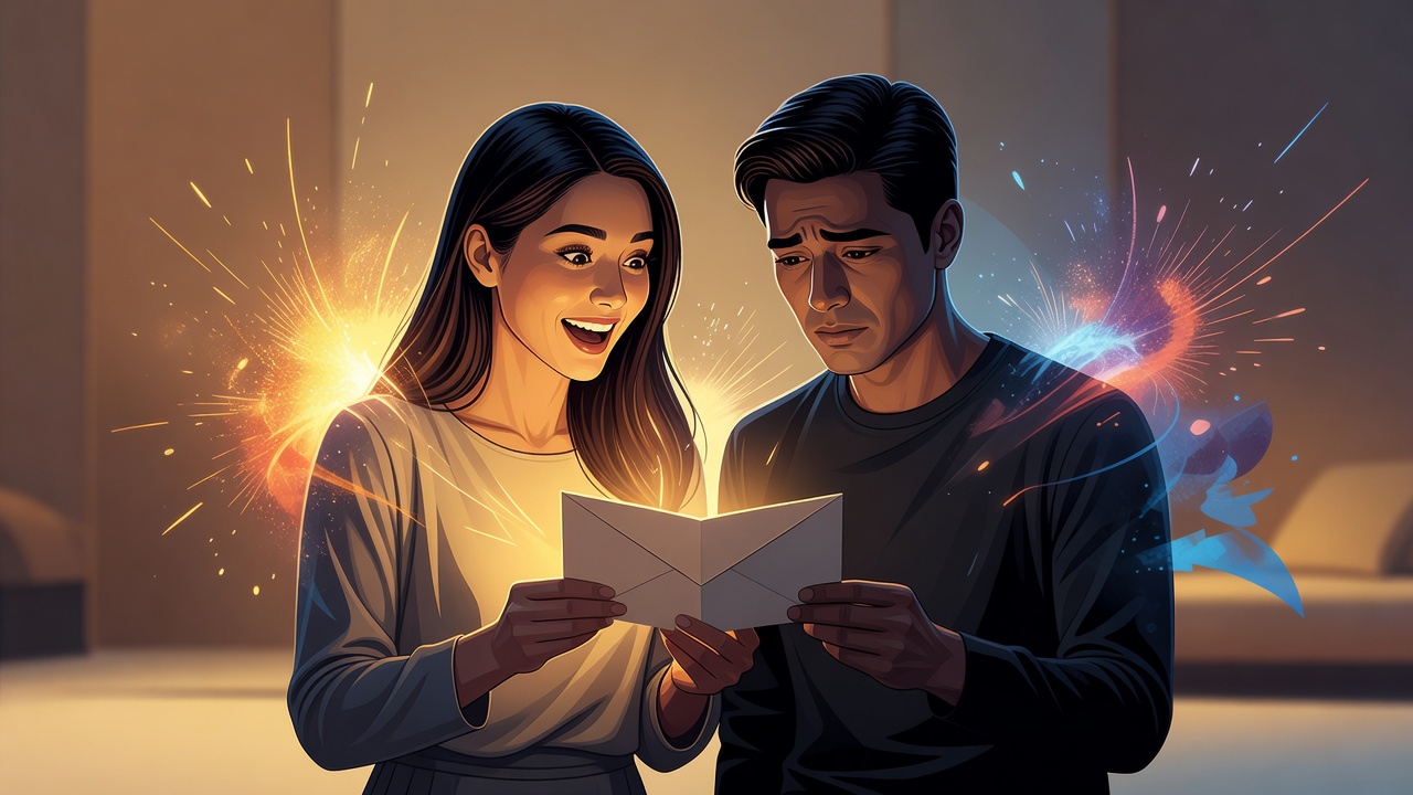 Um casal olhando um convite, um rosto se iluminando de empolgação, o outro se enchendo de pavor