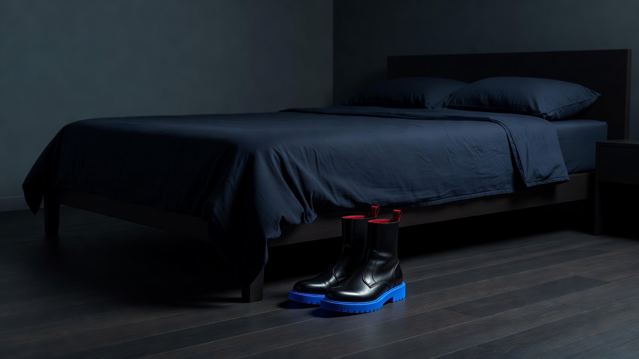 Um único par de botas deixado ao pé da cama na noite anterior, pronto
