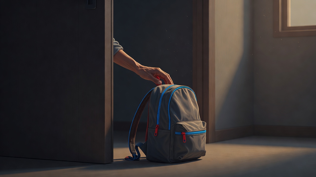 A mão de um pai pousada suavemente sobre uma mochila do tamanho de uma criança junto a uma porta, sob a luz quente da manhã