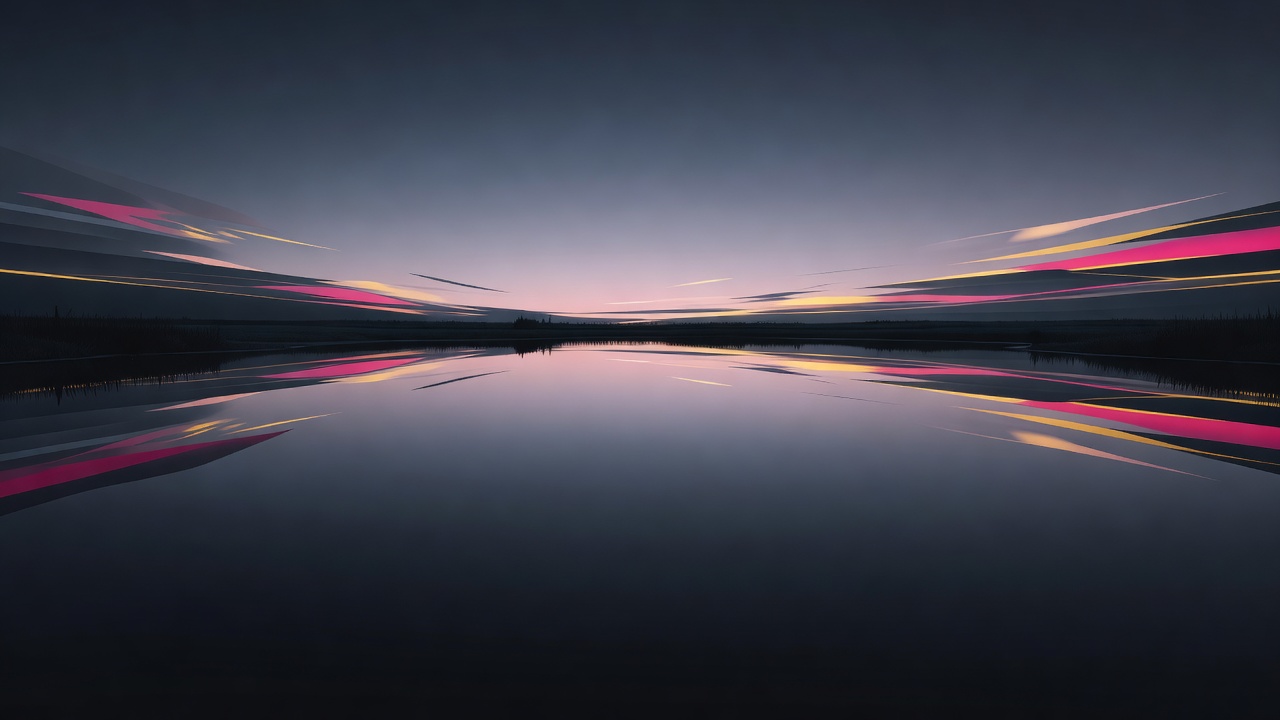 Um lago sereno refletindo com perfeição um céu limpo ao amanhecer