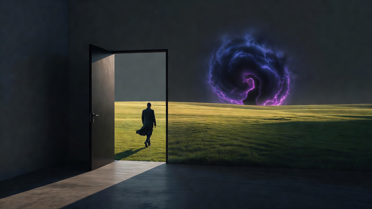 Uma porta se abrindo para um campo aberto e luminoso