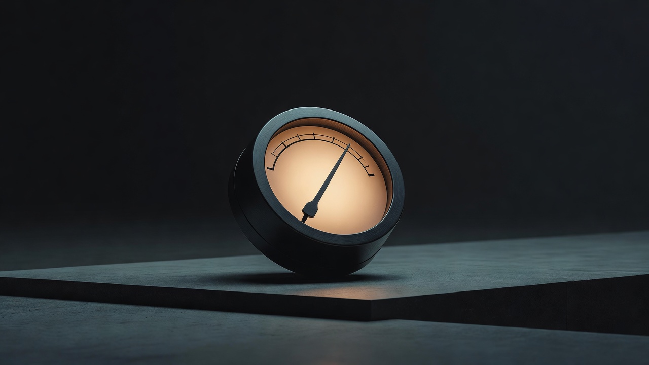 Um único dial de rádio sintonizado numa frequência incomum, brilhando com calor em luz suave