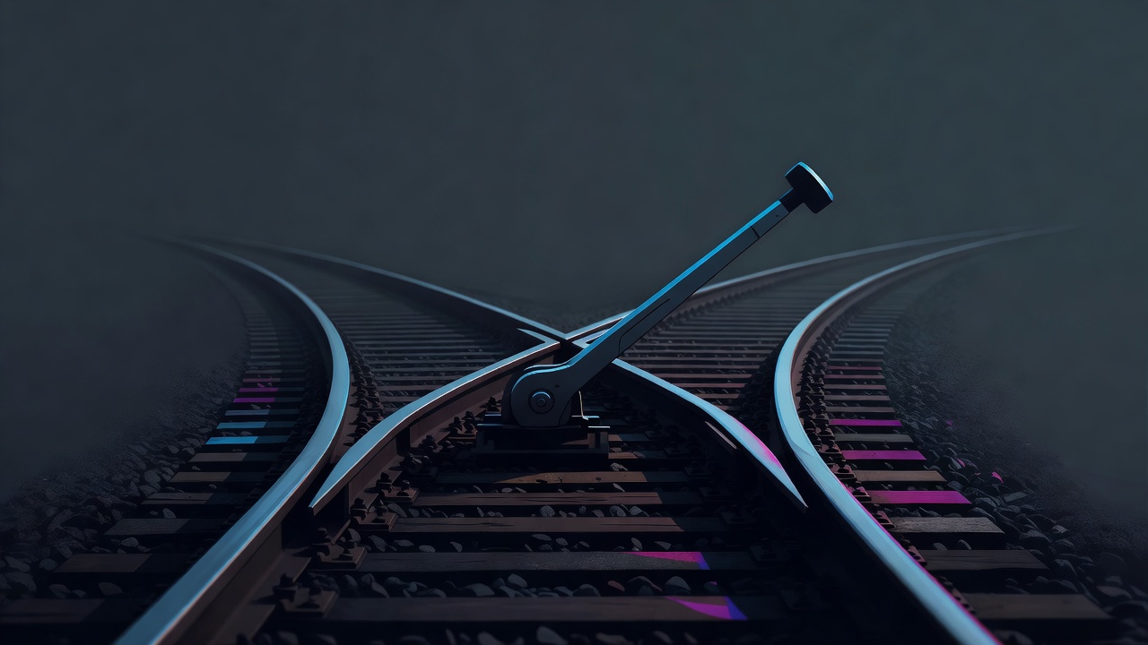 Uma agulha ferroviária sobre um trilho, uma única alavanca definindo o caminho entre duas direções
