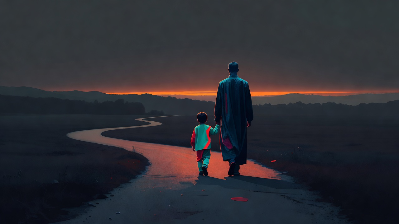 Um pai e uma criança caminhando juntos por uma trilha tranquila ao anoitecer
