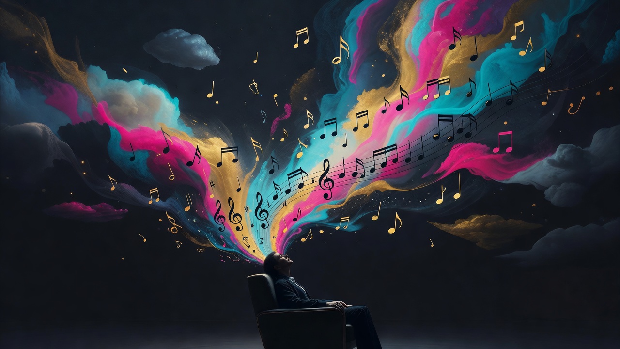 Notas musicais se dissolvendo em uma cena onírica acima de um ouvinte