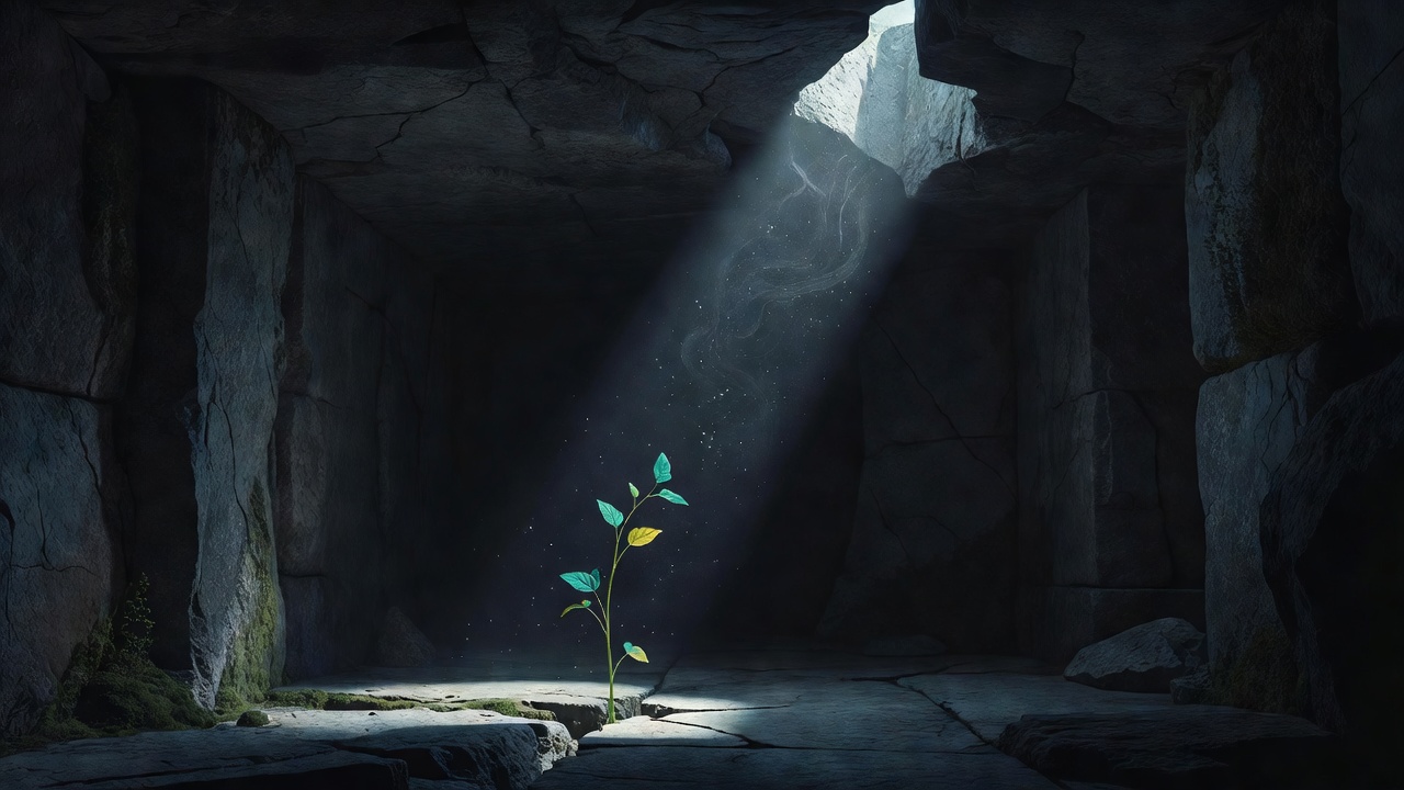 Um feixe estreito de luz caindo em um quarto de pedra escuro onde uma pequena planta cresce em direção a ele