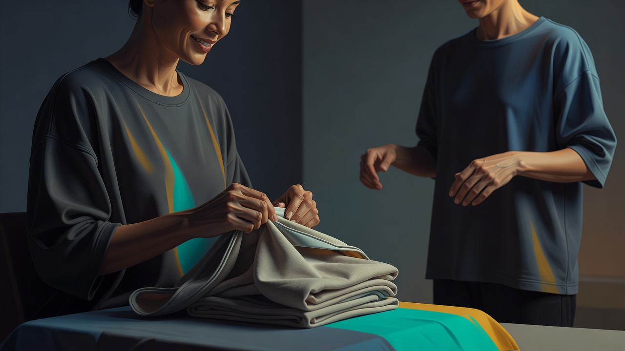 As mãos de uma pessoa desfazendo com delicadeza a roupa dobrada por outra, com um sorriso agradável, enquanto a outra observa