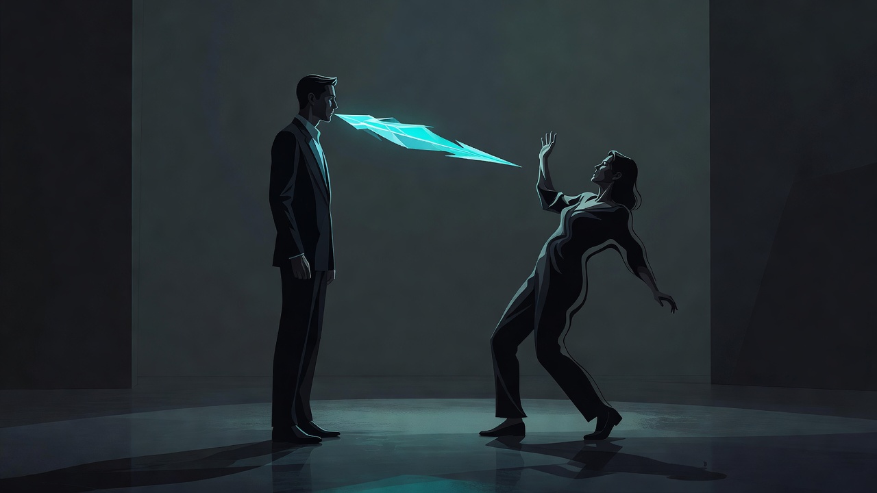 Um parceiro falando sem rodeios, as palavras visualizadas como um objeto cortante, o outro recuando como se tivesse sido atingido