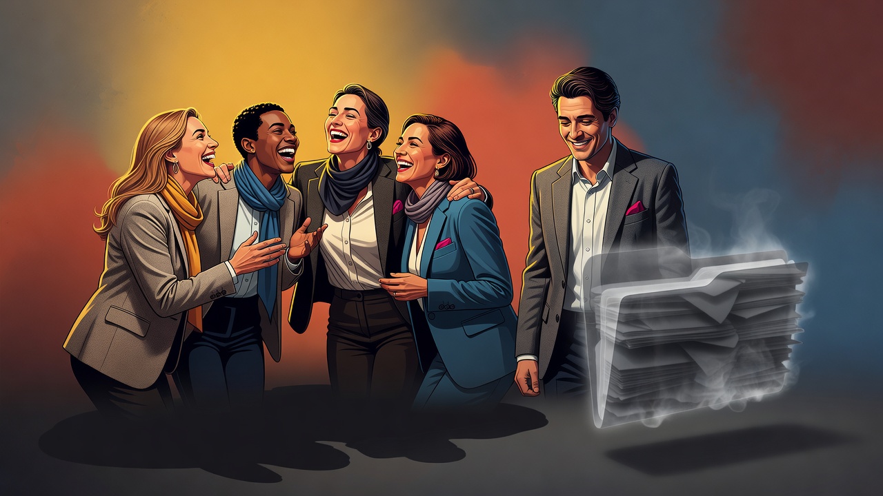 Um grupo rindo junto enquanto uma pessoa ri por fora mas carrega uma mágoa escondida por baixo