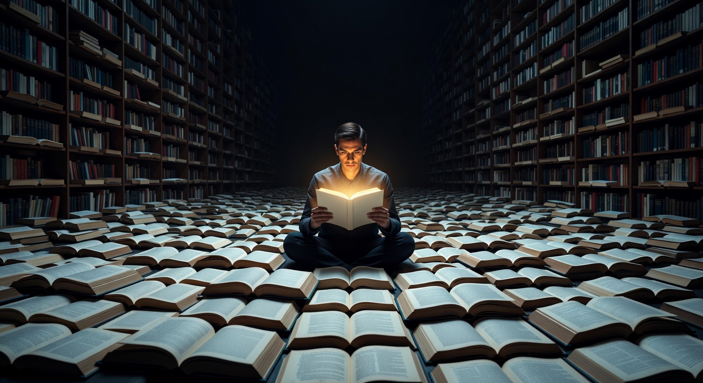 Uma figura absorta em uma única página em uma biblioteca infinita