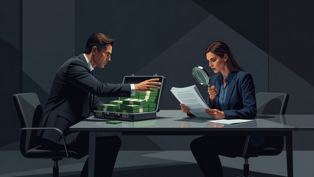 Dois fundadores em uma mesa com uma maleta de dinheiro, um esticando a mão para ela, o outro lendo o contrato