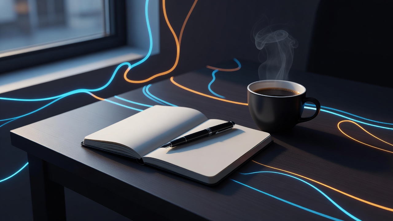 Um caderno aberto em branco com uma caneta apoiada sobre ele ao lado de uma xícara de café sob a luz da janela no início da manhã