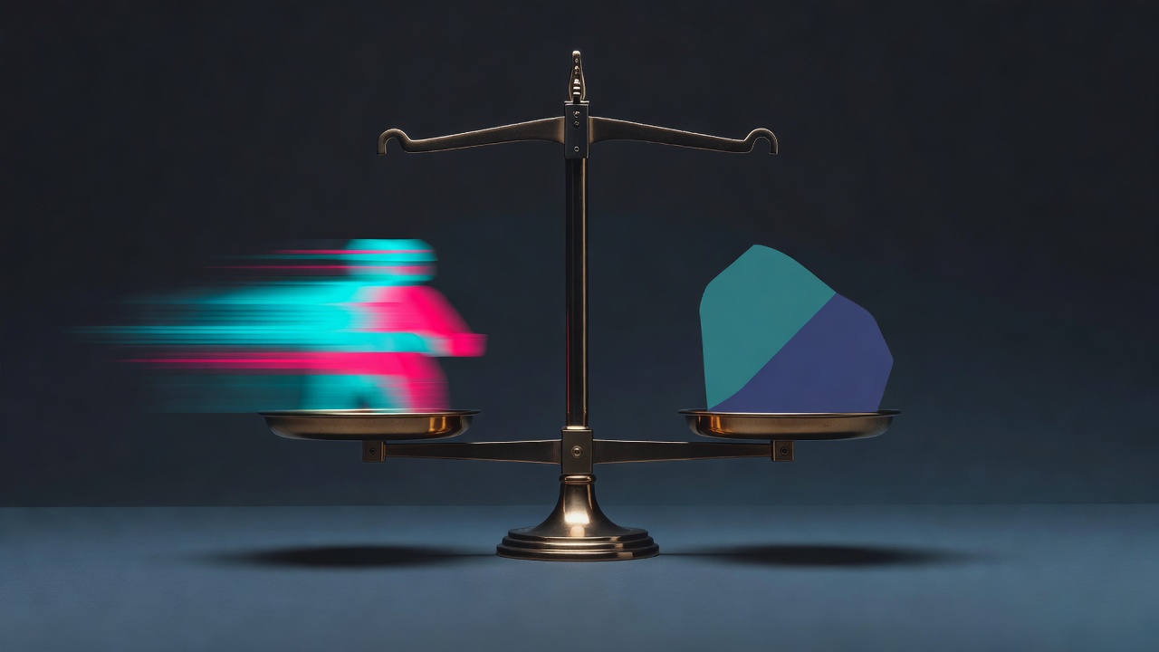 Uma balança equilibrando uma forma rápida e borrada contra uma forma lenta e deliberada, paleta fria e analítica