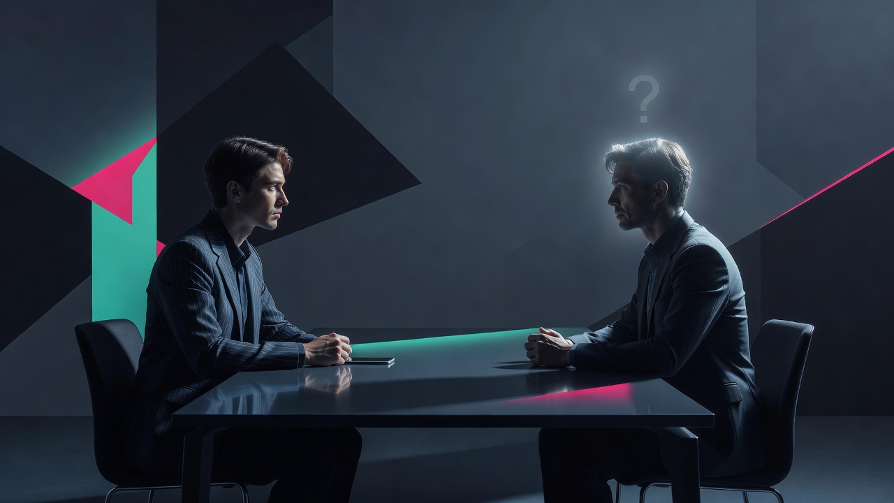 Dois fundadores a uma mesa, um com o celular virado para baixo, um leve ponto de interrogação sobre o outro