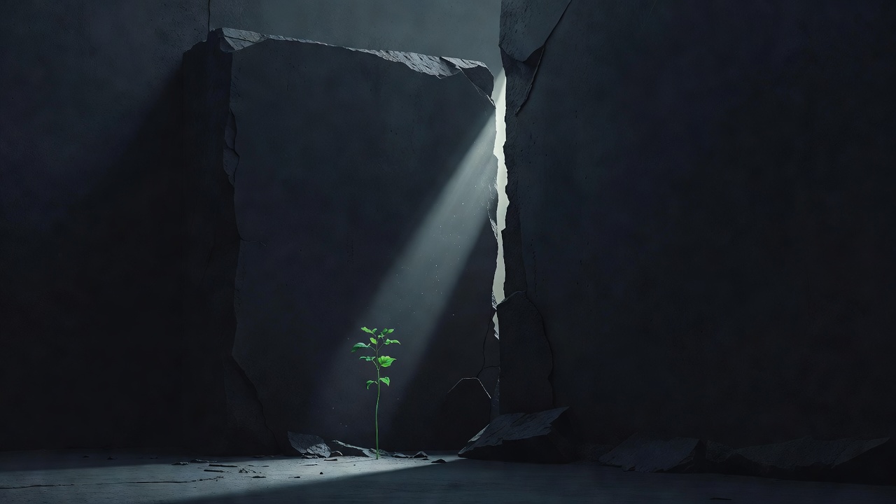 Uma pequena planta crescendo em direção a um feixe de luz que atravessa uma fresta em uma parede escura
