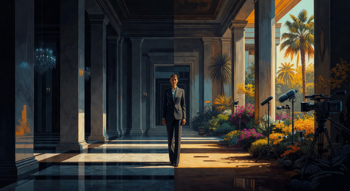 A poised woman standing between a grand formal palace and a sunlit California garden with cameras