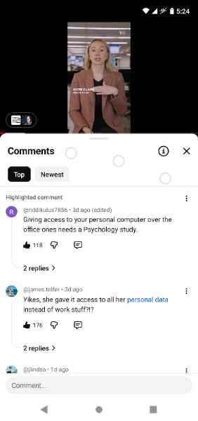 Comentários do YouTube sobre um vídeo de dar acesso a computador pessoal para estudo de psicologia. Comentário principal: 'Dar acesso ao seu computador pessoal em vez dos do trabalho precisa de um estudo de Psicologia.' com 118 curtidas.
