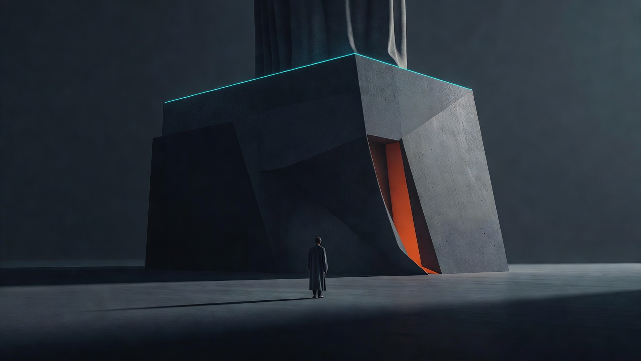 Uma pequena figura de pé na base do pedestal de uma estátua enorme, diminuída por sua escala
