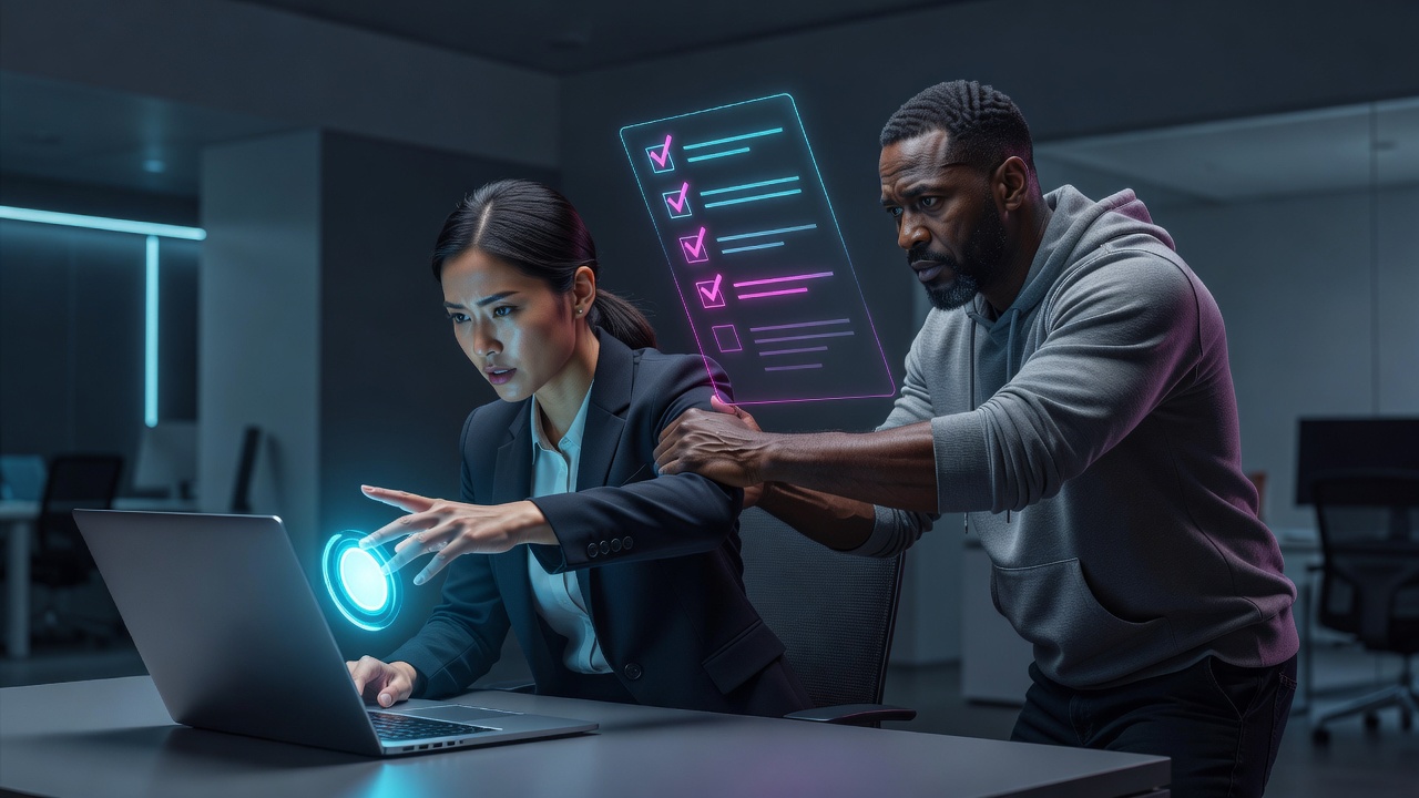 Dois fundadores diante de um laptop, um estendendo a mão para o botão de deploy enquanto o outro o puxa de volta