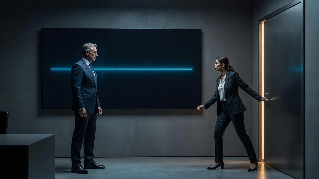 Dois fundadores diante de um painel com a linha achatada, um se virando para a saída e o outro fincando os pés