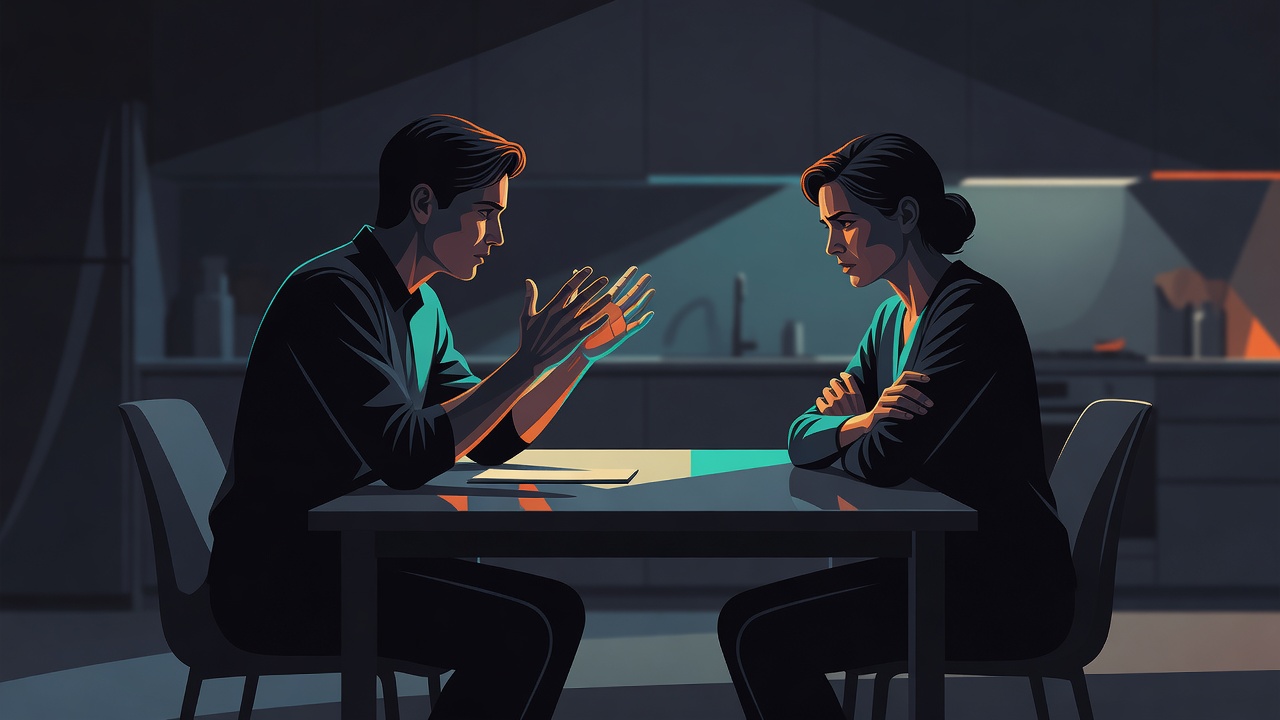 Dois parceiros à mesa da cozinha, um com as mãos erguidas num gesto apressado de desculpa apaziguadora, o outro ainda visivelmente magoado em vez de acalmado