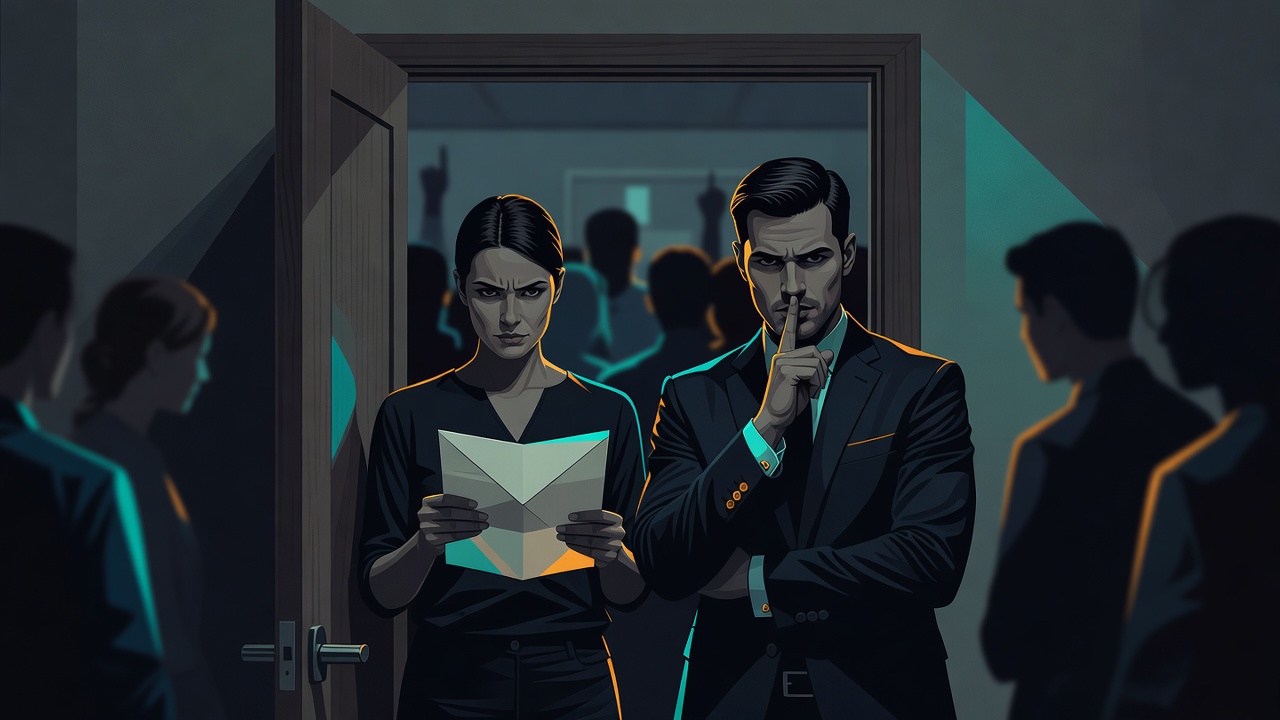 Dois fundadores na porta de uma sala cheia de funcionários, um segurando uma carta aberta e o outro com o dedo nos lábios