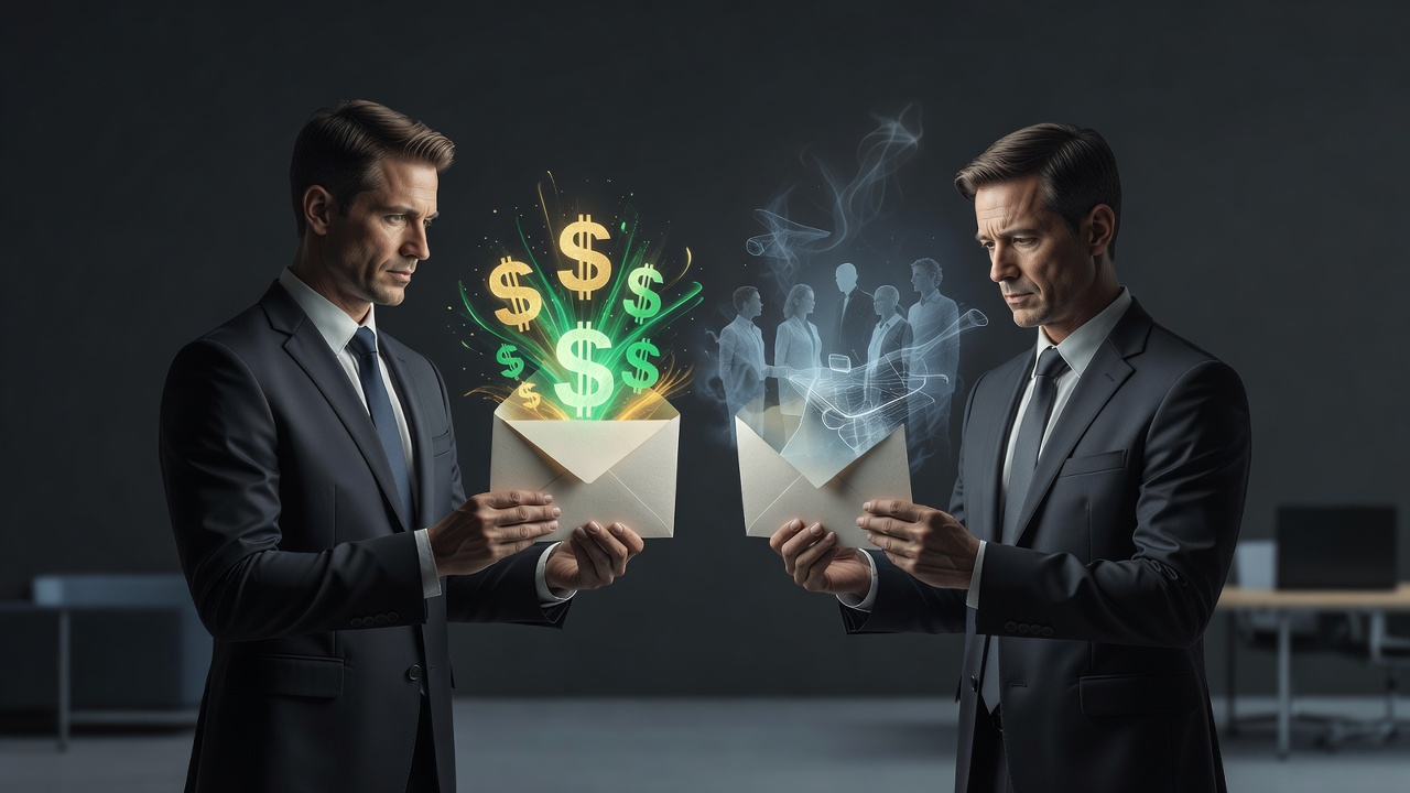Dois fundadores segurando um envelope, um vendo cifrões e o outro uma imagem esmaecida da equipe