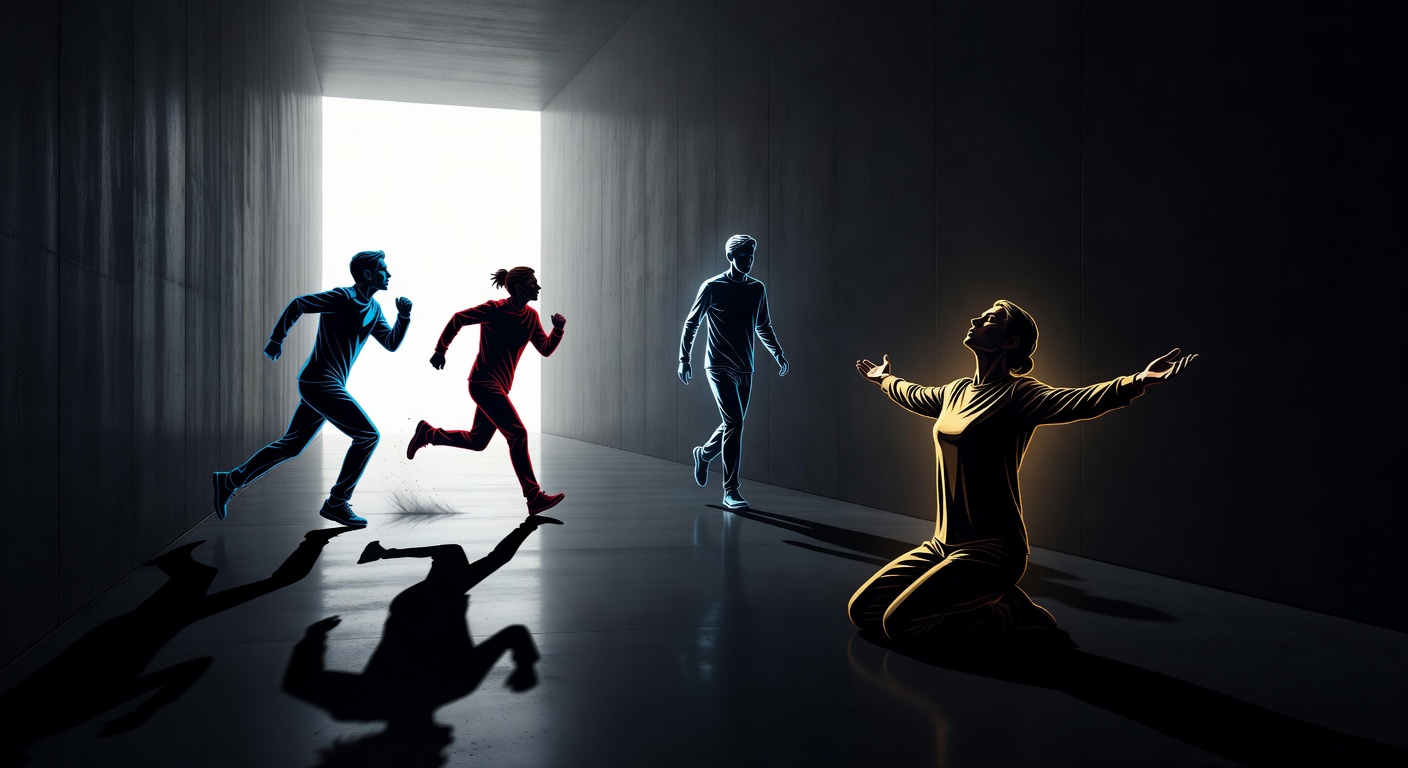 Quatro figuras reagindo ao mesmo momento: uma cerrando os punhos, uma se virando para correr, uma congelada no lugar, uma estendendo as mãos com as palmas abertas