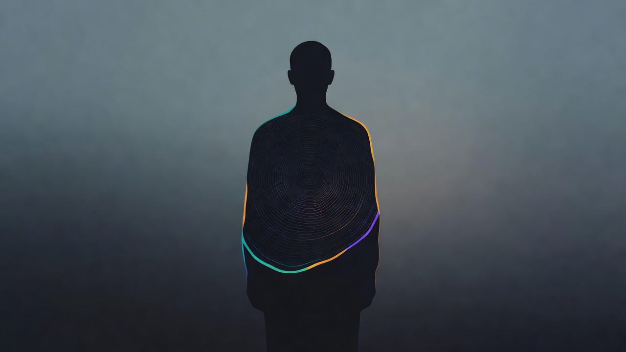Uma silhueta humana com linhas tênues de anéis de árvore dentro do peito, paleta calma e suave