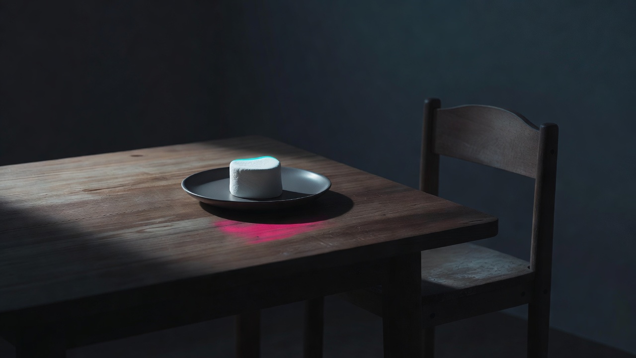 Um único marshmallow em um prato sobre uma mesa simples sob a luz suave da janela, com uma cadeira infantil vazia por perto