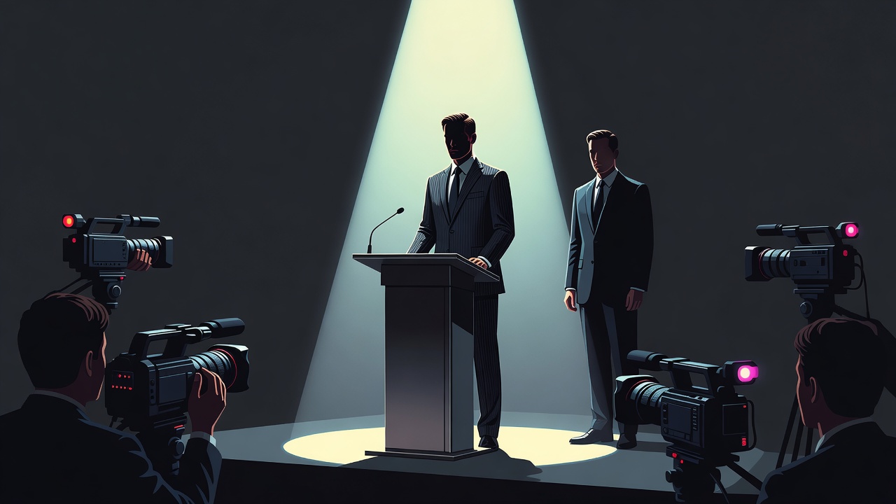 Dois fundadores em um palco, o holofote e as câmeras sobre um enquanto o outro fica fora da luz