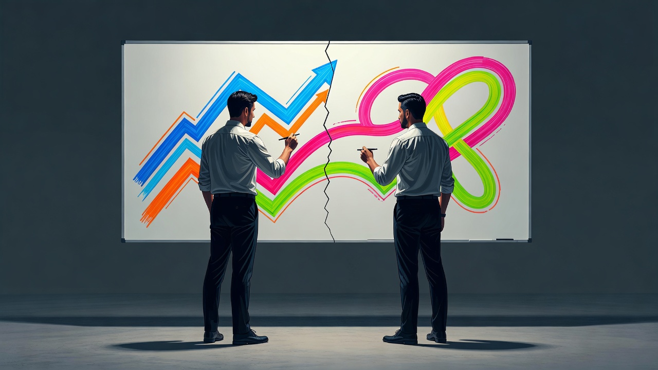 Dois fundadores diante de um quadro branco dividido ao meio, cada um desenhando um roadmap diferente