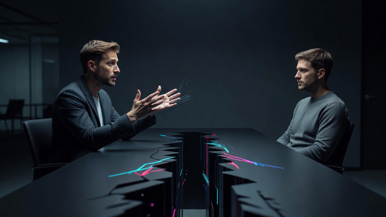 Dois fundadores a uma mesa, um gesticulando com ideias enquanto o outro olha além dele para a saída