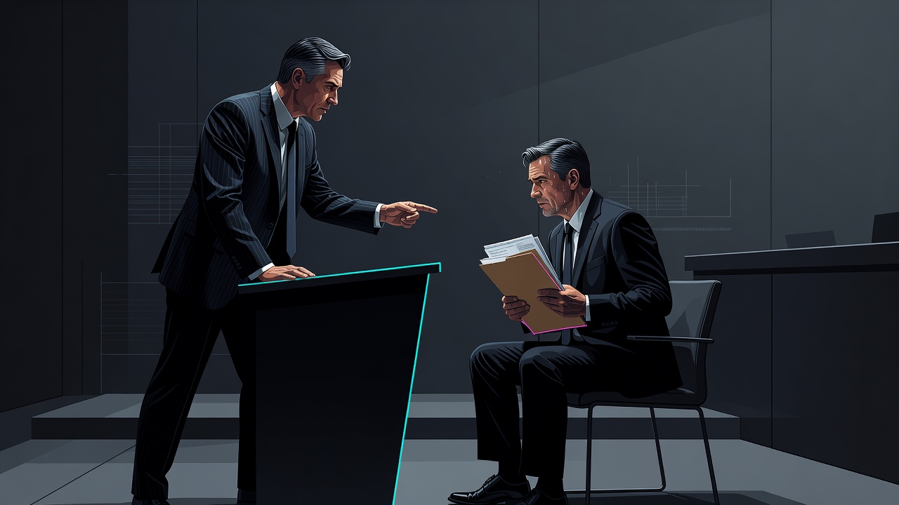 Dois fundadores num cenário de tribunal, um interrogando enquanto o outro está sentado como réu segurando uma pasta