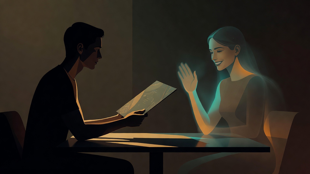 Um parceiro oferecendo um cardápio, o outro devolvendo com um gesto e um sorriso gentil mas ausente