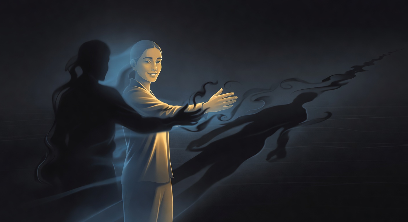 Uma figura estendendo a mão em direção a uma sombra que se dissolve, com um rastro de sombras dissolvidas atrás dela