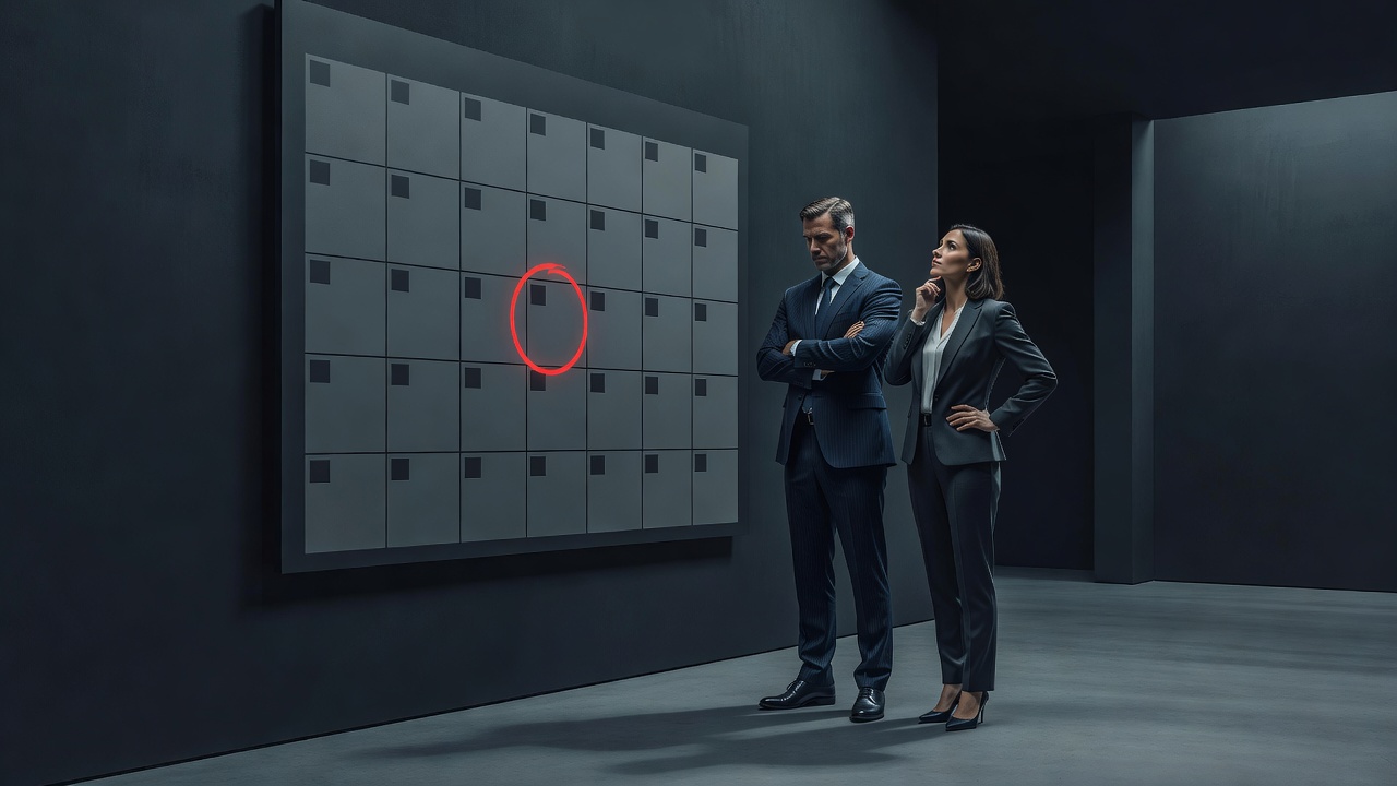 Um calendário com uma data marcada em vermelho se aproximando enquanto dois fundadores desviam o olhar dela